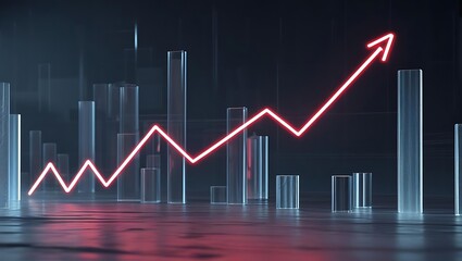 Futuristic glowing data visualization graph with neon light bars and line chart on dark background