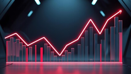 Futuristic glowing data visualization graph with neon light bars and line chart on dark background
