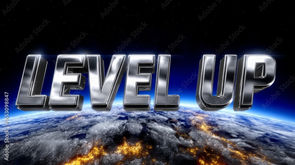 Poster 3d chrome text 'level up' above a globe with urban lights in a cosmic setting