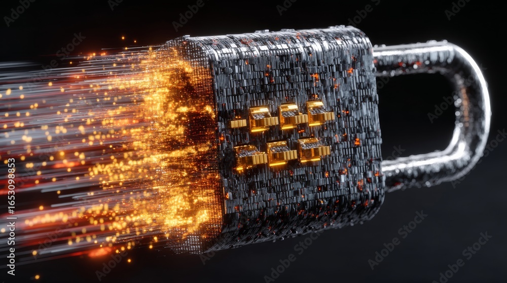 Poster 3d metallic digital lock with glowing password dots surrounded by light particles on dark background