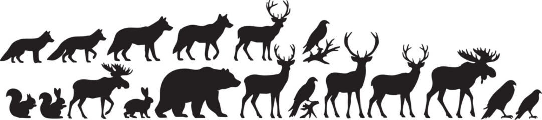 Collection of North American wildlife silhouettes on white background, animal, silhouette, wildlife, nature, forest, woodland, mammal, bird, deer, elk, moose, bear, wolf, fox, coyote, rabbit, squirrel