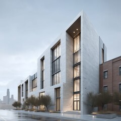 Modern architectural design in an urban setting under overcast skies during twilight