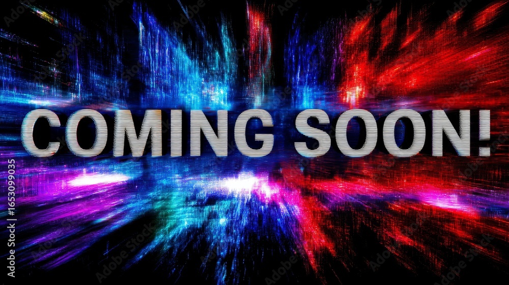 Poster bright and colorful glitch effect background with dynamic text saying coming soon
