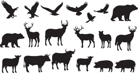 Collection of wild animal silhouettes animals wildlife, wild, animals, wildlife, eagle, hawk, falcon, bird, bear, deer, stag, bull, cow, pig, boar, silhouette, black, white, background, illustration, 