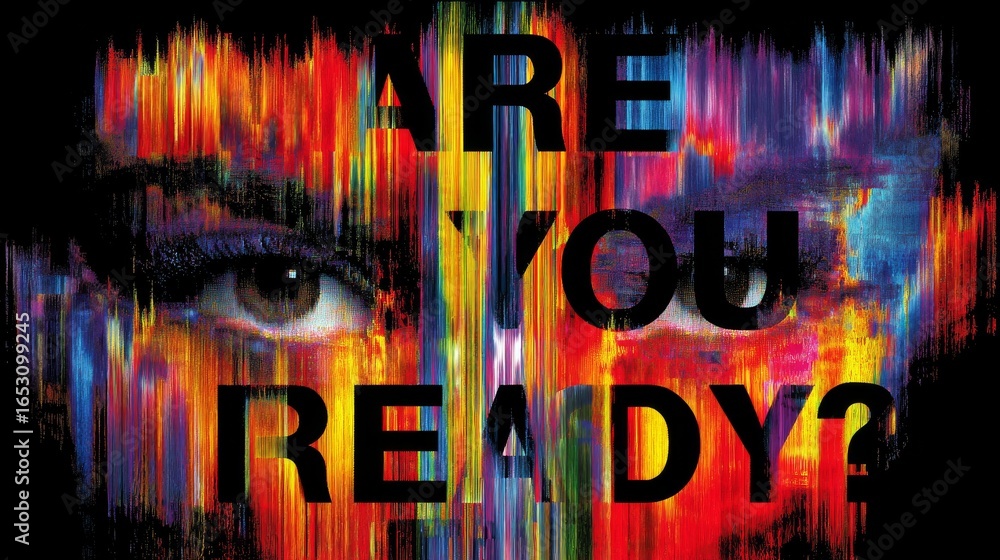 Poster colorful abstract portrait with glitch distortion displaying are you ready text