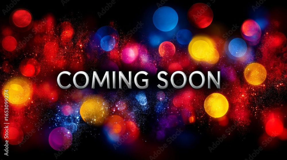 Poster colorful bokeh background with coming soon text set against dark backdrop