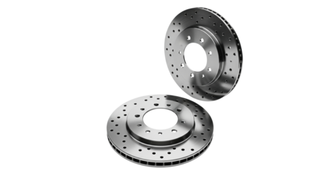  Automotive Brake Discs: Detailed photo showing two shiny automotive brake discs, displaying their intricate design and precision engineering. An image that symbolizes automotive safety, performance.
