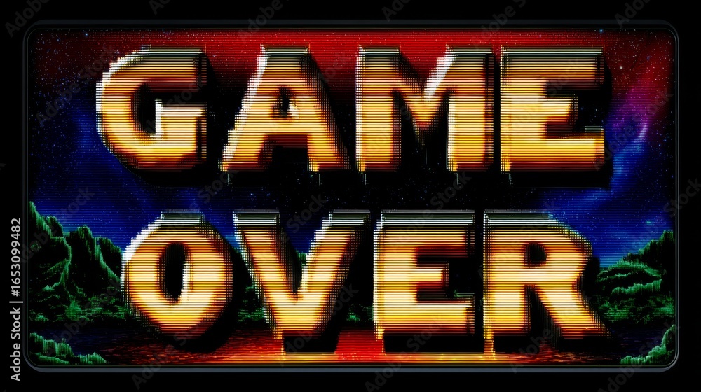 Poster colorful retro arcade style game over text with vibrant background