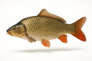 Single Common Carp Fish on a White Background Side View.