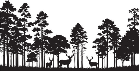 Deer and pine forest silhouette landscape on white background, deer, stag, buck, doe, fawn, animal, mammal, wildlife, nature, forest, woods, trees, pine, conifer, evergreen, landscape, silhouette, bla