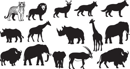 Diverse African wildlife silhouettes on white background, tiger, lion, antelope, wolf, dog, rhinoceros, giraffe, elephant, bison, wild animal, safari, zoo, nature, mammal, silhouette, black and white,