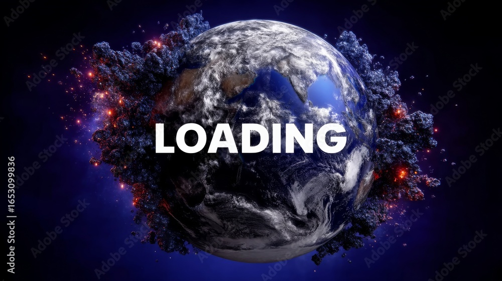 Aufkleber digital representation of rotating earth surrounded by cosmic background with prominent loading text