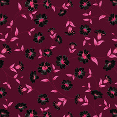 Seamless pattern with black flowers and leaves. Peonies, wildflowers, poppies. Abstract floral spring, summer pattern. Black and white background for wallpaper, fabrics, packaging.