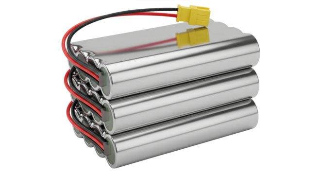 Battery Pack: A close-up shot of a battery pack showcasing cylindrical batteries arranged in a stacked configuration, featuring red and black wires, and yellow connectors.