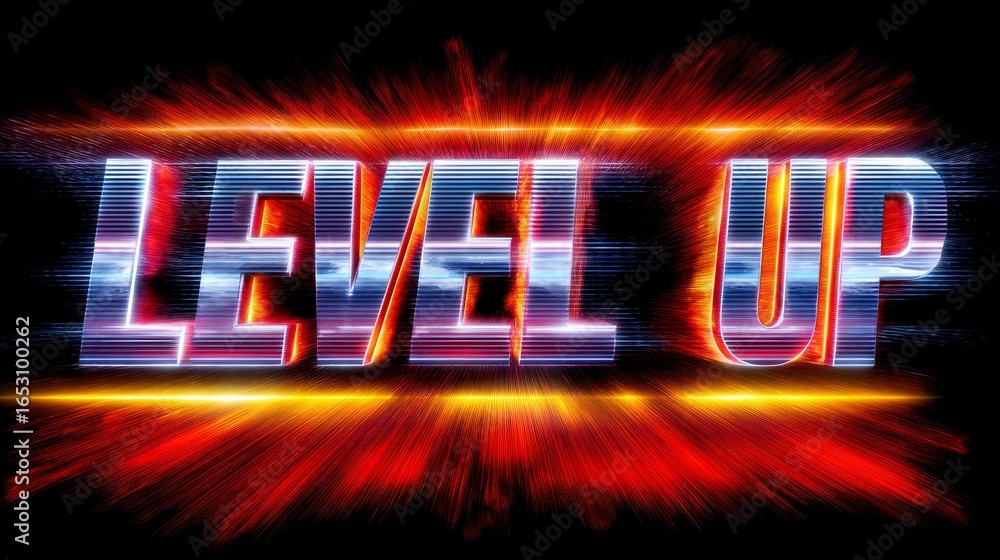 Aufkleber futuristic colorful text level up with glowing sparks and dynamic effects on black background