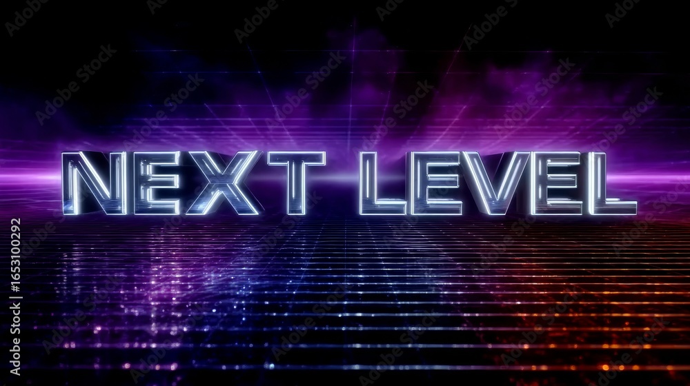 Poster futuristic holographic display of next level text against colorful glowing background