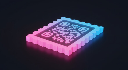 Retro-futuristic digital connection stamp featuring a QR code and flying vehicles in a neon cityscape, signifying technological advancement and modern communication