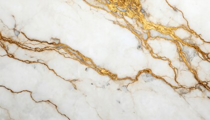 White marble surface with intricate gold veining offers luxurious, sophisticated, elegant natural pattern. Polished stone material features smooth, abstract design ideal for modern decor, interior