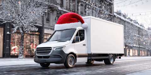 holiday shipping courier, fast service, special delivery transport, holiday rush, gift distribution, seasonal commerce. white delivery truck with Santa Claus hat