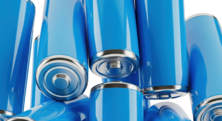 Power Storage: A detailed shot highlights a cluster of cobalt blue batteries, showcasing their sleek metallic finish and cylindrical shape, symbolizing electrical power and technological advancement.