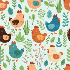 Floral seamless pattern with cute cartoon colorful chickens