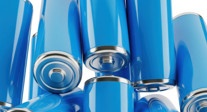 Power Storage: A detailed shot highlights a cluster of cobalt blue batteries, showcasing their sleek metallic finish and cylindrical shape, symbolizing electrical power and technological advancement.