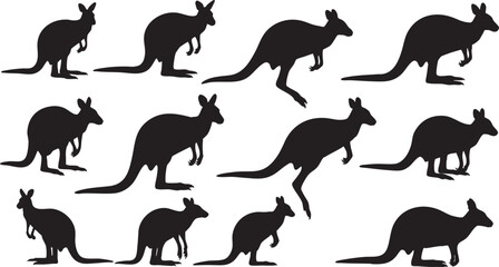 Kangaroo silhouettes in various poses marsupial animal, kangaroo, marsupial, animal, wildlife, australia, silhouette, illustration, graphic, design, vector, collection, set, variety, different, many, 