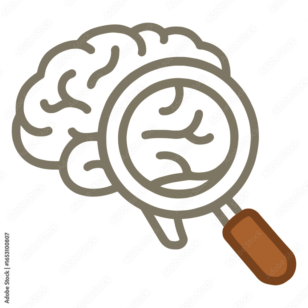 Poster a brain with a magnifying glass on it. the brain is shown in a close up and the magnifying glass is 