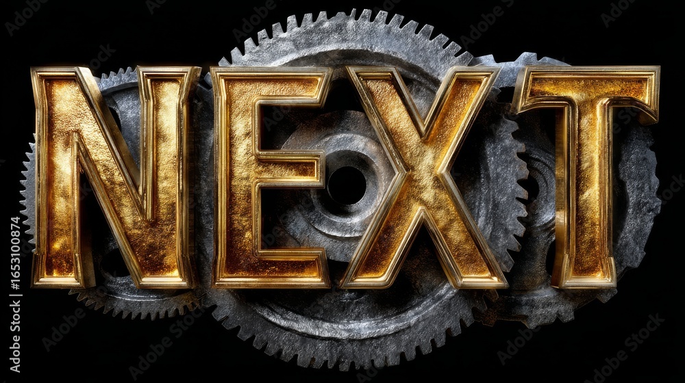 Poster metallic text next in gold with rotating gears creating a dynamic industrial atmosphere