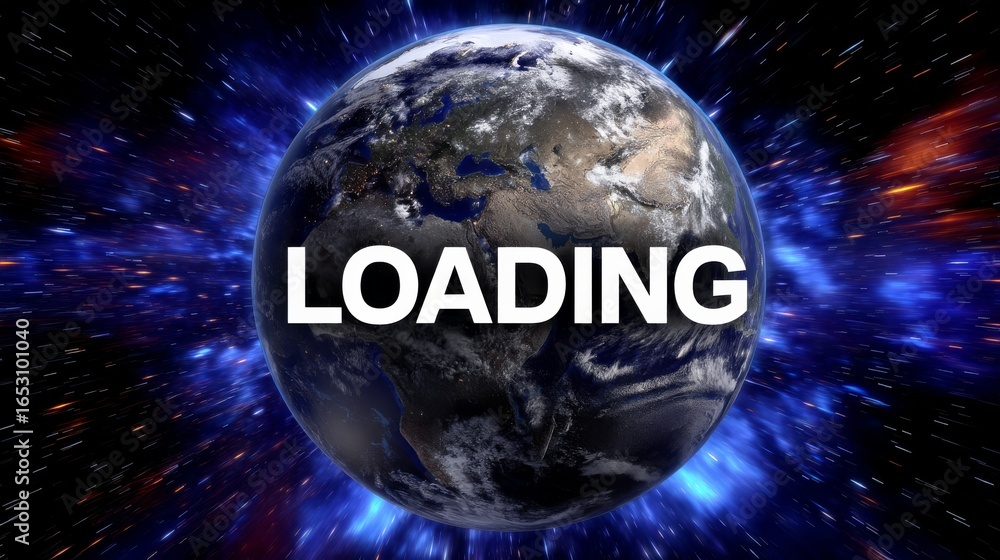 Aufkleber rotating earth against cosmic background with loading text in bold letters