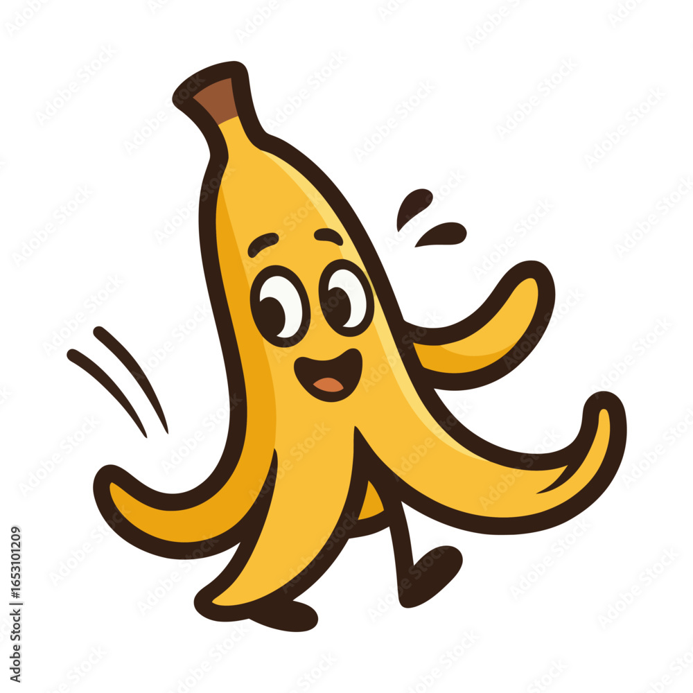 Poster a banana character is walking and smiling. the banana is yellow and has a happy expression. the bana