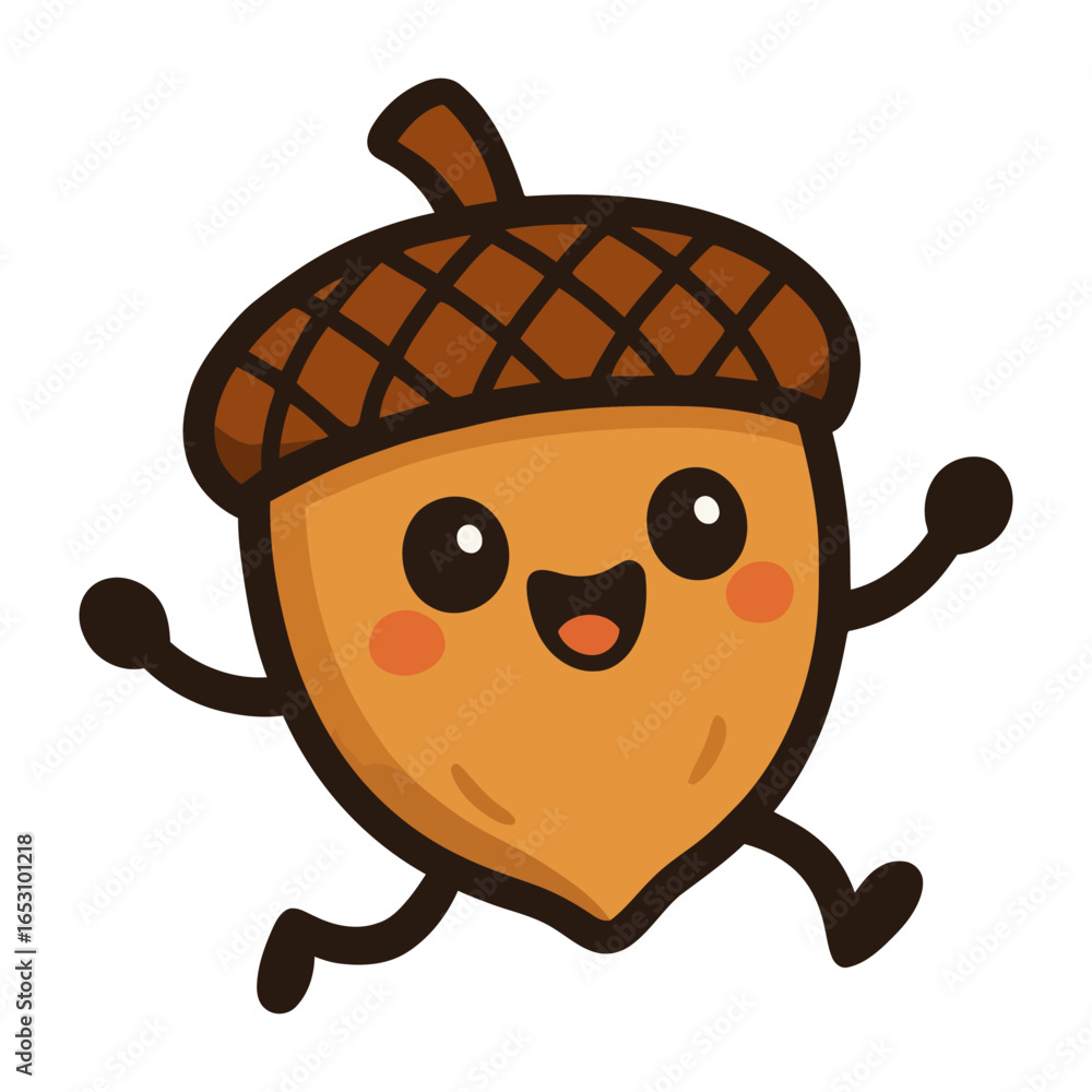 Poster a cartoonish acorn with a smiling face and a hat on its head. it looks like it's having fun and is r
