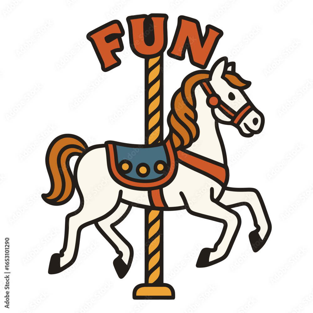 Poster a horse is riding on a carousel with the word fun written on it. the horse is the main focus of the 