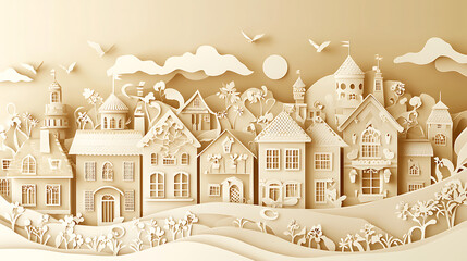 Obraz premium A charming papercut village scene showcasing architectural details and a whimsical atmosphere for creative projects
