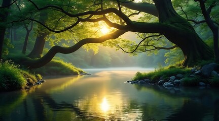  sunlight streams through ancient tree branches over a tranquil river in a lush, green forest, creating a serene natural landscape