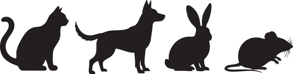Silhouettes of domestic animals cat dog rabbit mouse, cat, dog, rabbit, mouse, pet, animal, domestic, silhouette, black, white, background, illustration, graphic, icon, vector, collection, set, group,