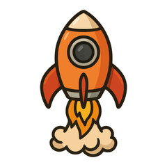 A cartoon rocket is flying through the air with flames coming out of its tail. The rocket is orange and white