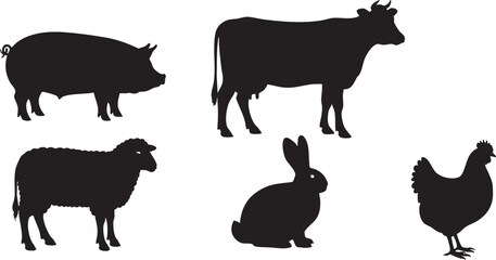 Silhouettes of Farm Animals on White Background livestock, farm animal, animal, livestock, agriculture, domestic animal, mammal, bird, silhouette, black and white, graphic, illustration, vector, isola