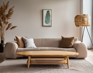 modern living room with a sofa and wooden coffee table