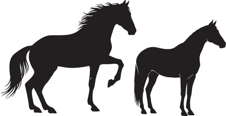 Two black horse silhouettes on white background equine, horse, equine, animal, mammal, silhouette, black and white, illustration, graphic, design, vector, equestrian, riding, racing, farm, ranch, stab