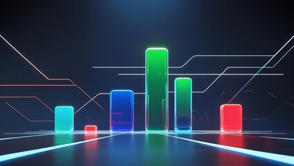 Futuristic glowing data visualization graph with neon light bars and line chart on dark background