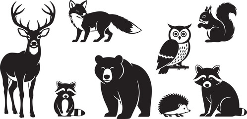 Woodland Animal Silhouettes Collection on White Background, animal, animals, silhouette, wildlife, forest, woodland, nature, mammal, wild, illustration, graphic, design, element, vector, drawing, blac