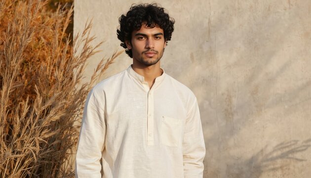 Young Indian man models traditional khadi shirt, promoting eco-friendly cultural attire. Natural fabric texture, subtle design highlights craftsmanship, heritage. Minimalist, authentic style conveys