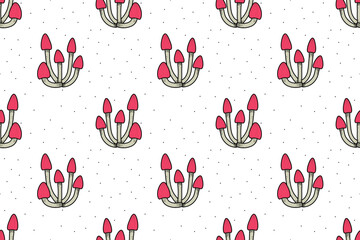 Cute natural seamless pattern of pink mushrooms on  white background. Abstract cartoon mushroom of the environment, forest, meadow. Flat design. For wallpaper, textile, packaging, background website.
