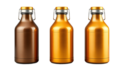 Three shiny beer bottles with a metal flip-top closure and a gold color
