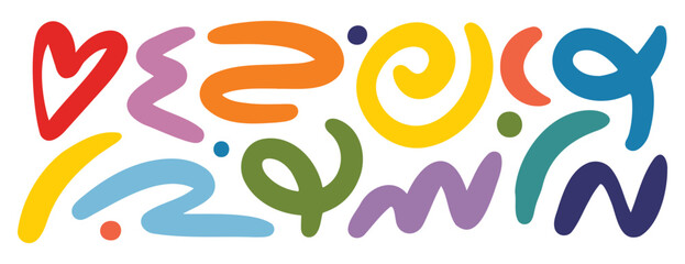 Retro groovy hippie 60s 70s abstract shapes set. Fluid organic shape colorful blobs, wavy doodle stripes inscribed. Bold hand drawn lines, spots. 