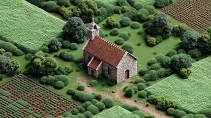 Serene rural landscape featuring a quaint stone chapel surrounded by lush fields and trees