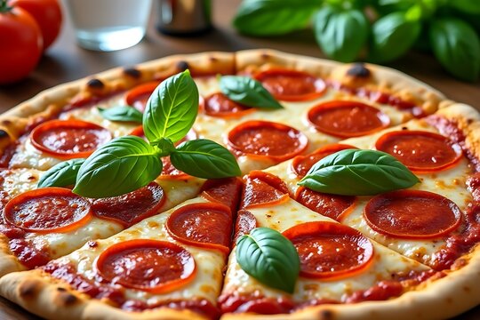  a closeup shot of a freshly baked pepperoni pizza, garnished with vibrant green basil leaves on a wooden table