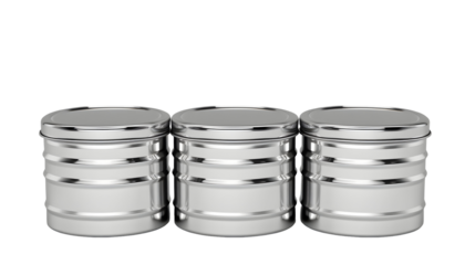 Three metallic containers with lids arranged symmetrically against a transparent backdrop.