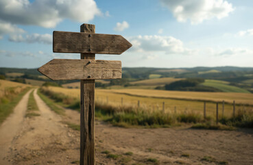 Wooden signpost in countryside directs on diverging dirt road paths. Choice between economic futures like inflation or deflation symbolized by branching rural tracks.